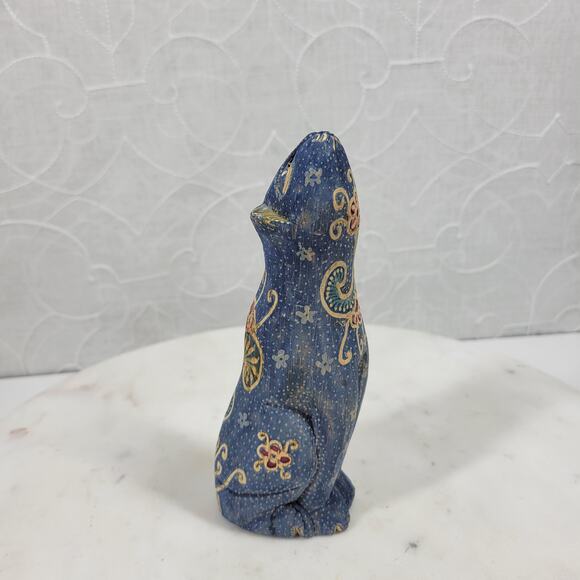 VTG Wooden Cat Shelf Sitter 6" Blue Hand Made Carved Painted Paisley Floral - Picture 4 of 16